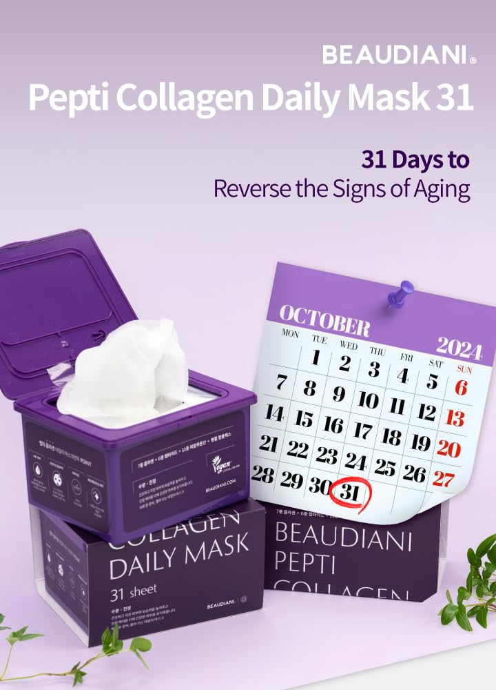 BEAUDIANI Pepti Collagen Daily Sheet Mask (31 Count) – Hydrating & Firming Face Mask with 7 Collagens, 6 Peptides & Hyaluronic Acid | Moisturizing Korean Skincare for All Skin Types