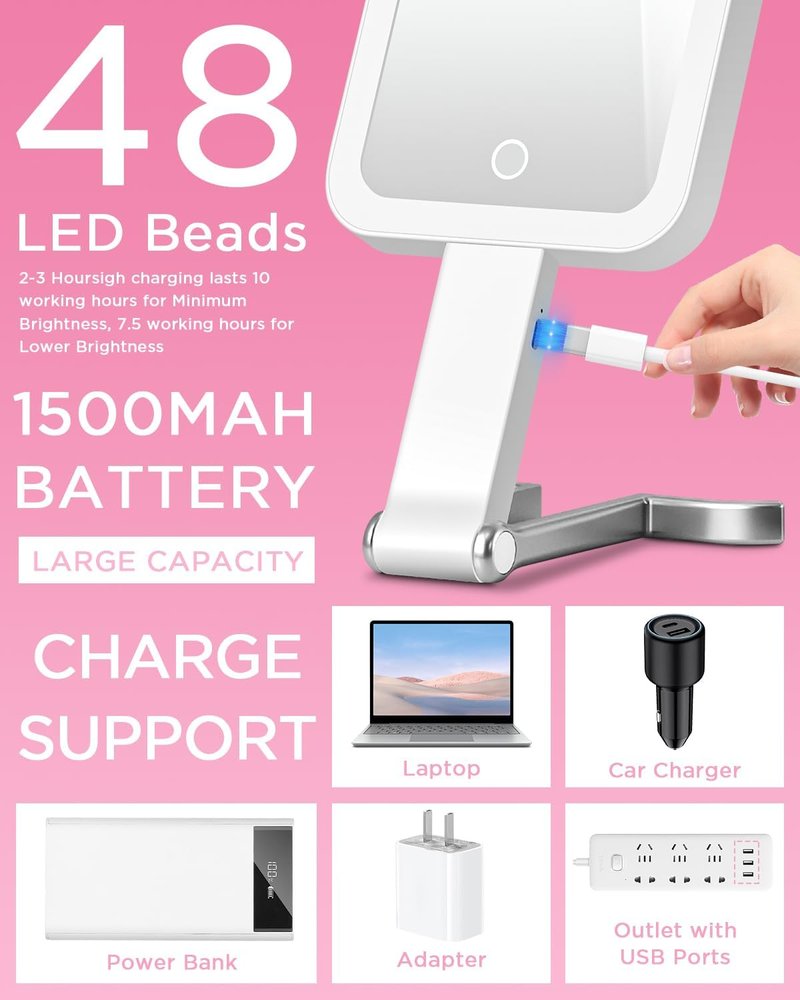 EAONE Magnifying Makeup Mirror with LED Light - Double-Sided 10X/1X, Dimmable Touch Screen, Travel-Friendly, Silver (10.3 x 5.2 in)