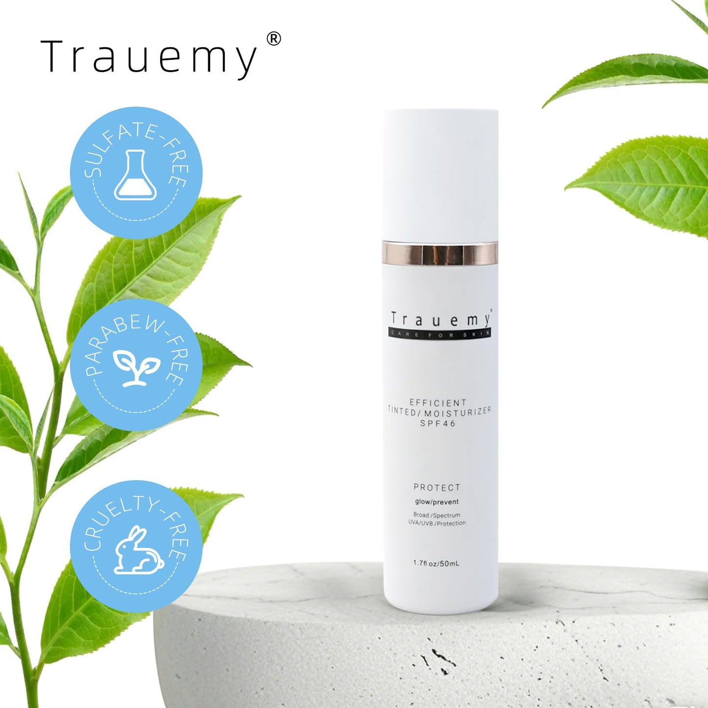 Trauemy Anti-Aging Tinted Face Moisturizer Sunscreen SPF 46 & Hydrating Skin Care & Face Moisturizer - Chemical BB Cream, Water-Resistant-Dewy