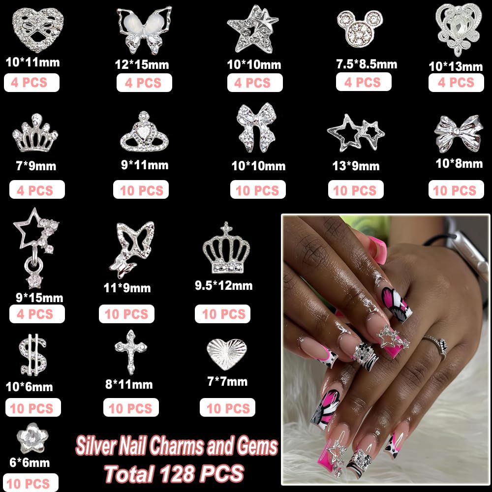 KACHIMOO 128 PCS Silver Nail Charms, Nail Gems Silver Rhinestones for Nails 3D Butterfly, Bow, Star,Crown,Cross,Dollar,Heart Shapes Y2K Accessories Nail Decor (17 Styles)