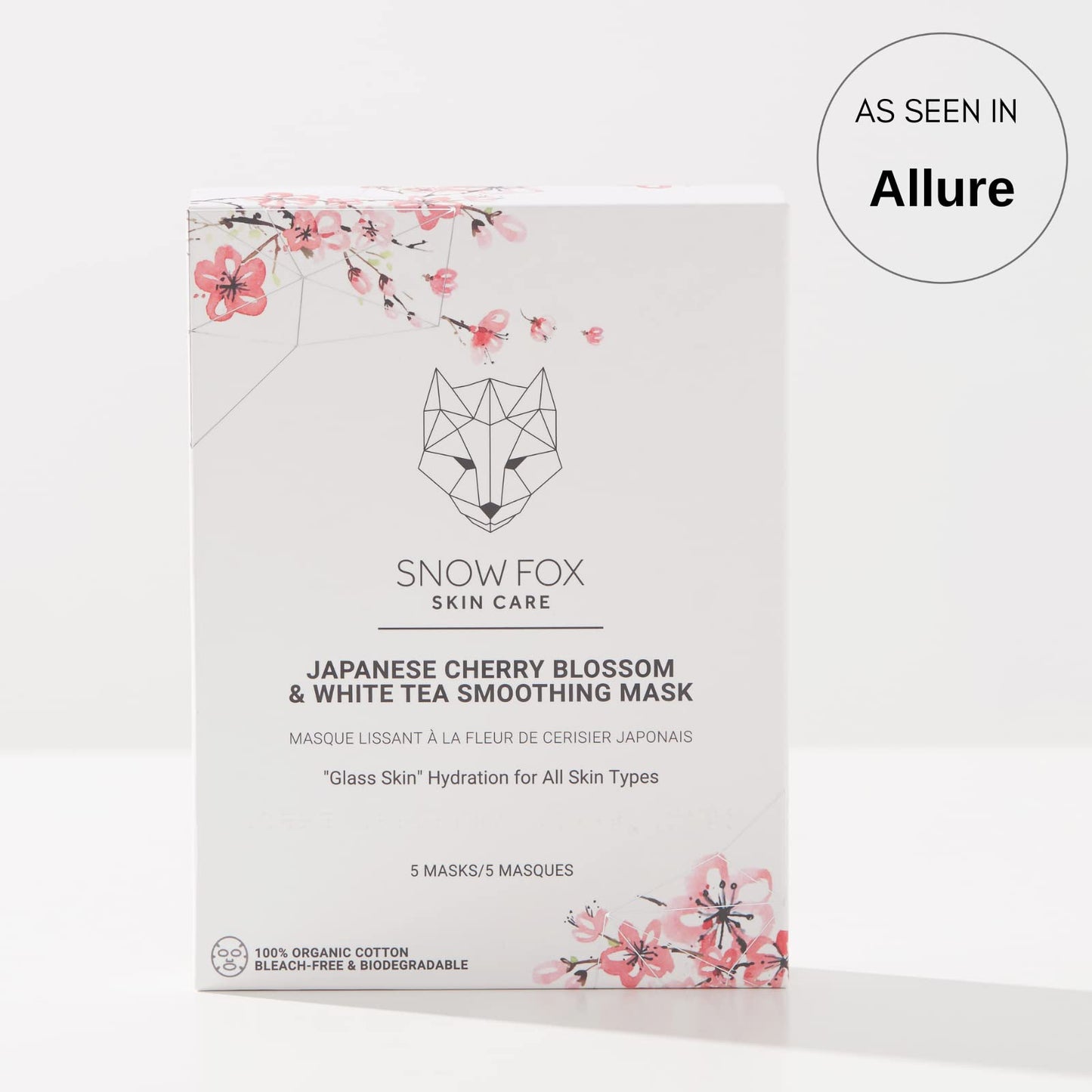 Snow Fox Japanese Cherry Blossom & White Tea Smoothing Sheet Mask – Hydrating Face Mask for Glass Skin Glow & Bridal Makeup Prep – Moisturizing Facial Skin Care for all Types – 5 Pack