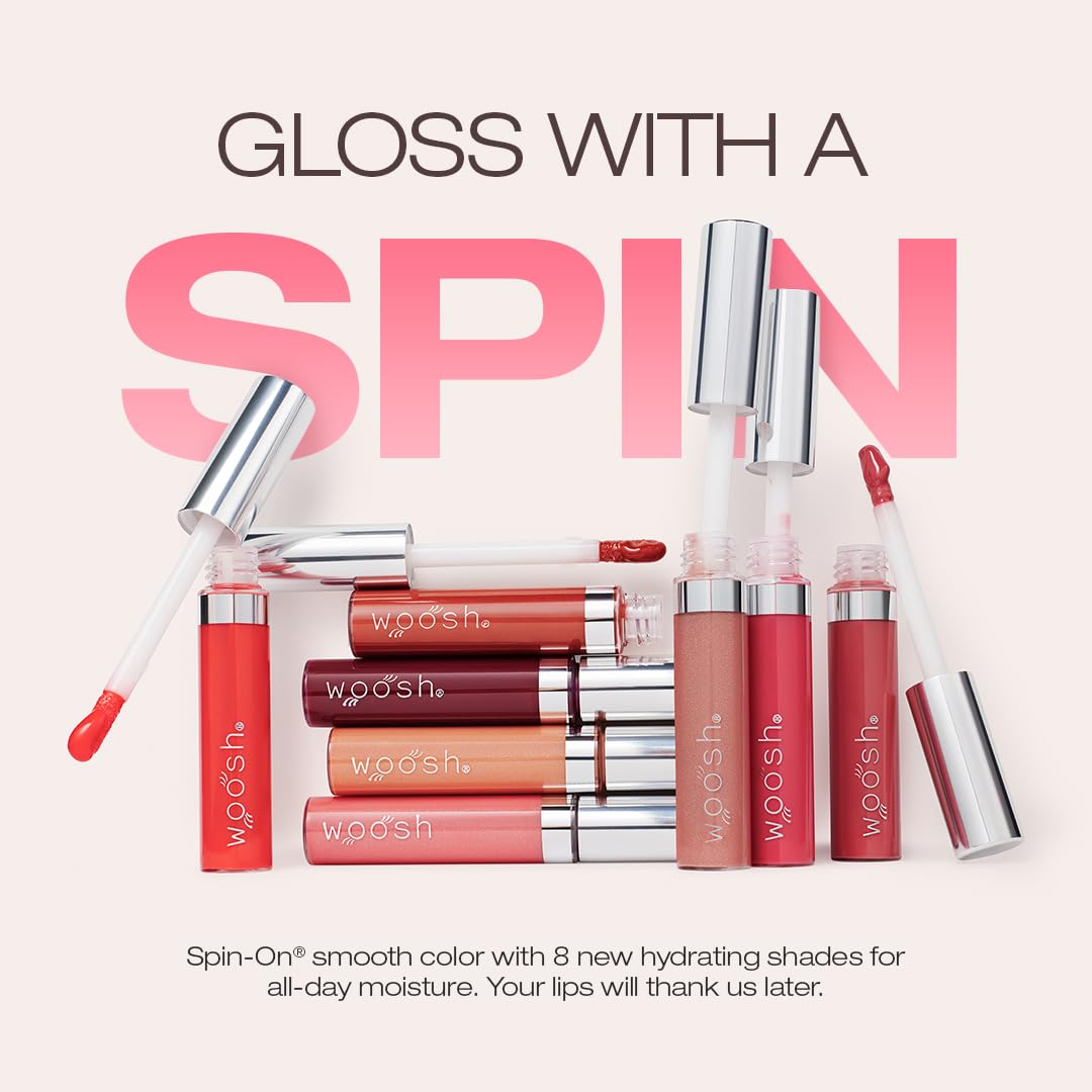 Woosh Beauty, Spin-On Lip Gloss, Hydrating Hyaluronic Acid & Shea Butter, No Fine Lines, Shine Finish, Vegan & Cruelty-Free