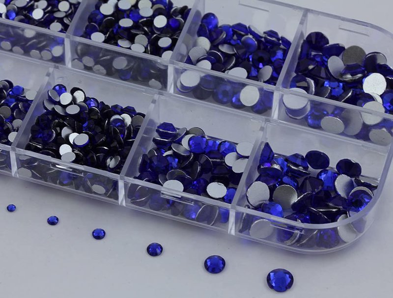 Blue Sapphire Flat Back Glass Rhinestones - 2100+ Crystals for Nail Art | 6 Sizes (1.4mm - 4.8mm)