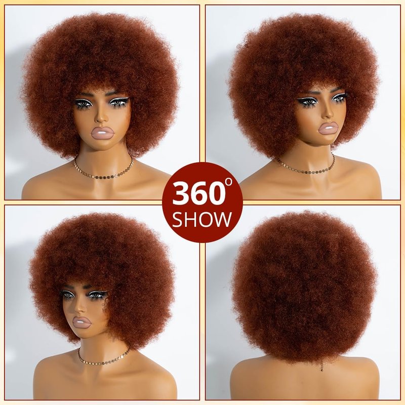 Rebecca Q Afro Human Hair Wigs 70s Short Afro Wig for Black Women Short Kinky Curly Glueless wig with Bangs for Daily Cosplay Party (Reddish Brown)