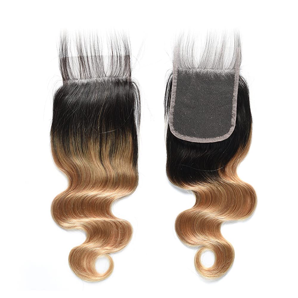 Ombre Lace Closure 4X4 Transparent Lace 14 Inch Free Part With Baby Hair Body Wave Closure For Women Pre Plucked Natural Hairline Peruvian Virgin Hair Real Human Hair Next Day Delivery 1B/27 Closure