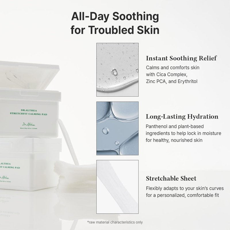 Dr.Althea StretchFit Calming Pad | Soothing Relief Face Mask with Centella Asiatica Extract | Hydration Sheet Mask with Panthenol | Korean Vegan Skincare (Pack of 50)