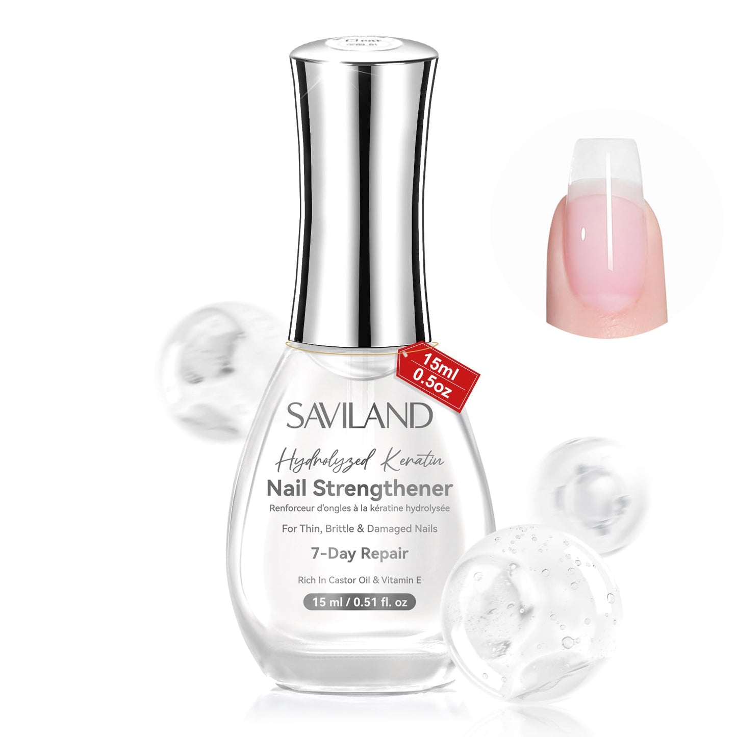 SAVILAND Clear Nail Strengthener 15ml: Fast Air Dry Natural Nail Growth for Damaged Nails Transparent Nail Polish Strengthening Repair Weak & Thin Nails Treatment with Castor Oil Vitamin E Women Gift
