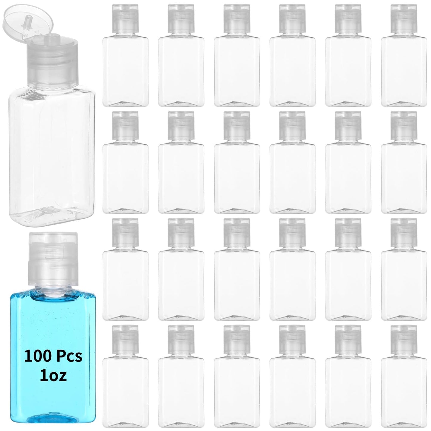 Lnrueg 100 Pcs 1 oz Travel Bottles - Hand Sanitizer Bottle Mini Clear Bottles with Flip Caps, Portable Empty Refillable Containers for Shower Gel, Face Creams, Body Lotions,Clear
