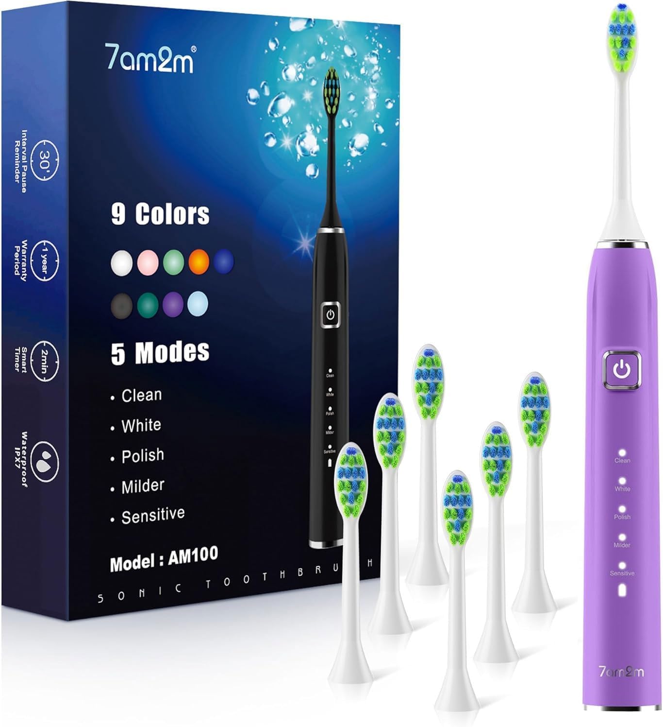 Ultrasonic Electric Toothbrush - 6 Brush Heads, 5 Modes, 120 Days Battery Life | USB-C Charge, Smart Timer (Purple)