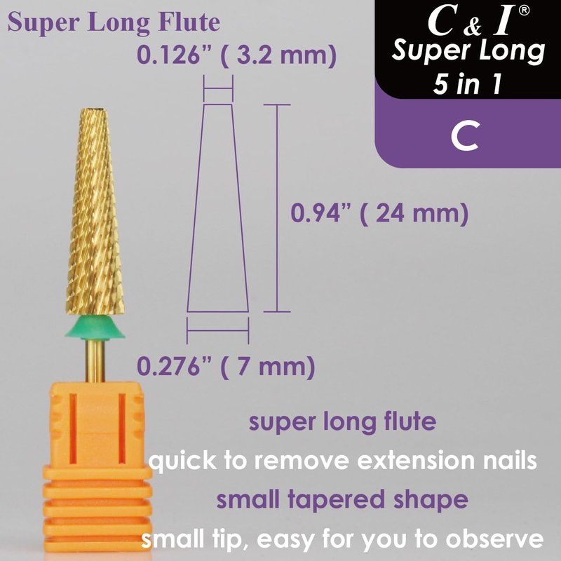 C & I Nail Drill Bit Upgrade 5 in 1 Super Long E-File for Manicure Drill Machine, Special Remove Extension Nails, Fake Acrylic Nails, Nail Gels, Cross Cut Efile for Nail Techs (Coarse -C)