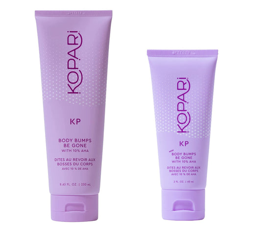 Kopari KP Scrub Full Size and Travel Size Set | Body Bumps Be Gone Scrub with 10% AHA, to Smooth Skin, Reduce Bumps, Decongest Pores, Clarifying, Gently Exfoliate & Wash | 8.45 fl oz and 2 fl oz