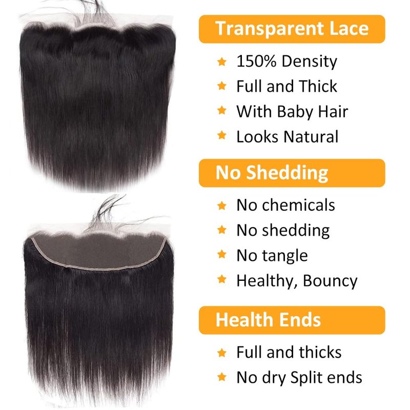 QTHAIR Straight Human Hair Lace Frontal 18A Brazilian Straight Human Hair 13x4 Ear to Ear Frontal 10 in 150% Density Swiss Lace Pre-Plucked Natural Hairline Baby Hair Natural Black #1b
