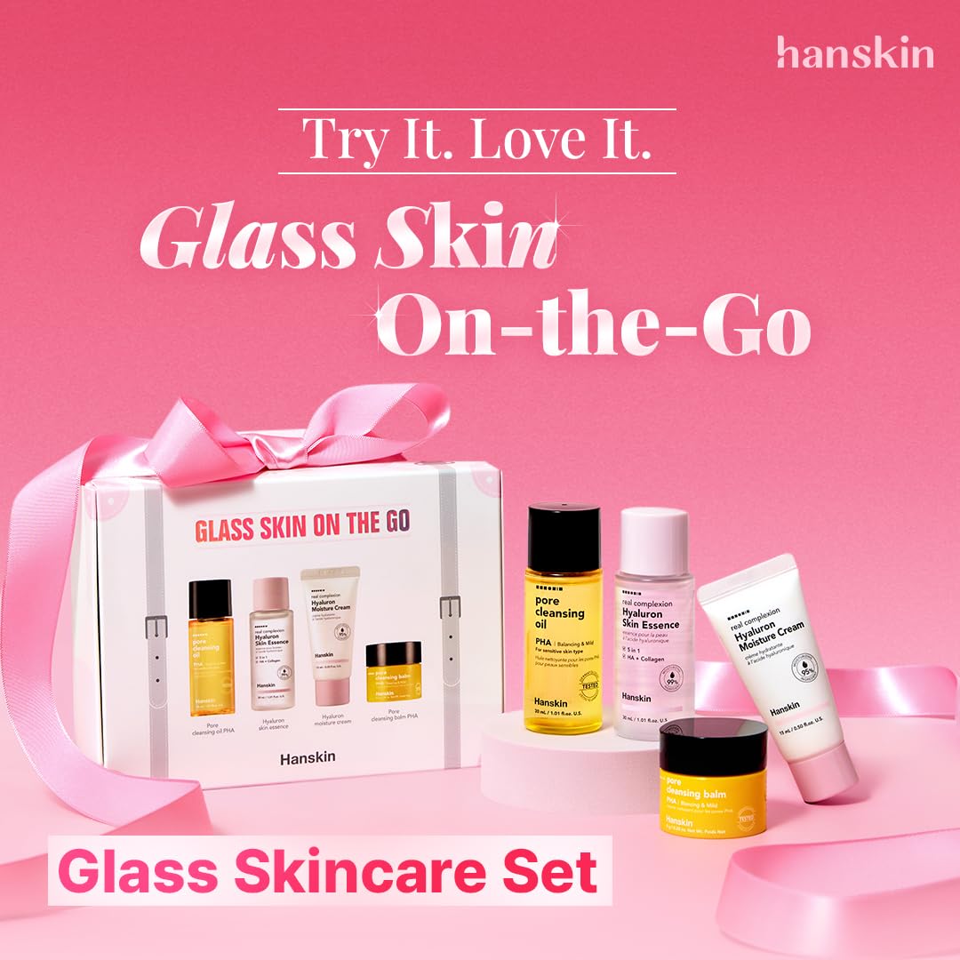 Hanskin Glass Skin On the Go Kit – Travel-Friendly Hydrating Set with PHA Cleansing Oil&Balm, Toner & Moisture Cream | TSA-Approved Mini Skincare, Holiday Stocking Stuffer, Teen Girl & Women’s Gift