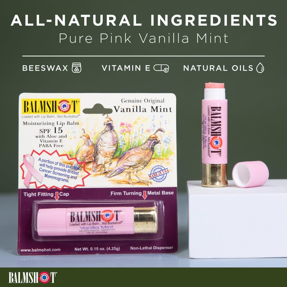 BALMSHOT Lip Balm 4-Pack - SPF 15 Beeswax with Aloe & Vitamin E | Classic, Cool Mint, Vanilla Mint & Pink Camo