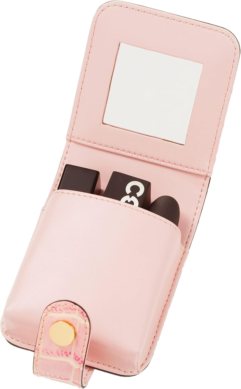 Leather Lipstick Case with Mirror - Women's Portable Travel Cosmetic Pouch | Mini Bright Red Makeup Bag