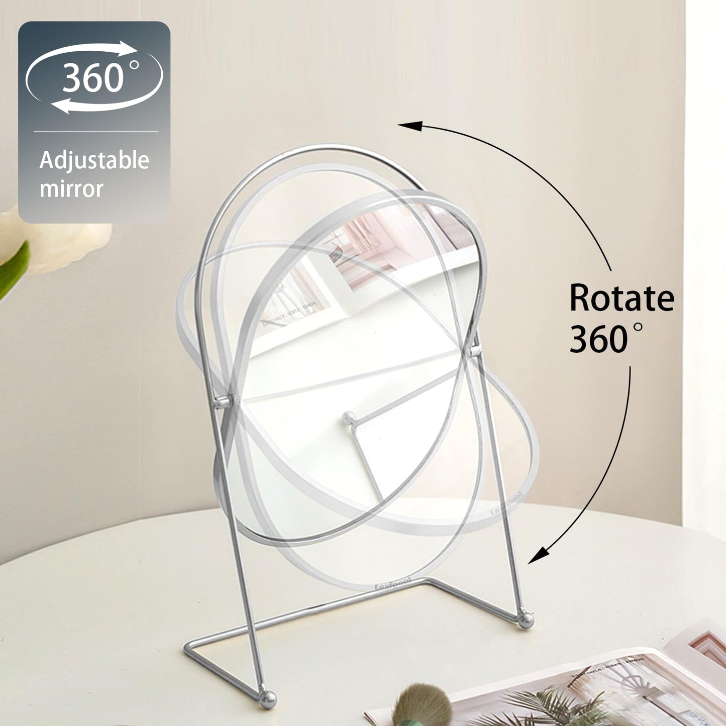 Leafpool Tabletop Vanity Makeup Mirror, 360°Rotation Standing Desk Table Vanity Silver Make up Mirror for Bathroom or Bedroom