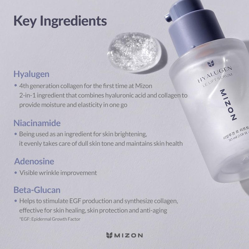 MIZON Hyalugen Le Lift Serum with Hyaluronic Acid and Marine Collagen for Fine Lines Total Face Care Youthful Skin Refreshing Lifting Korean Skincare (1.01 oz)