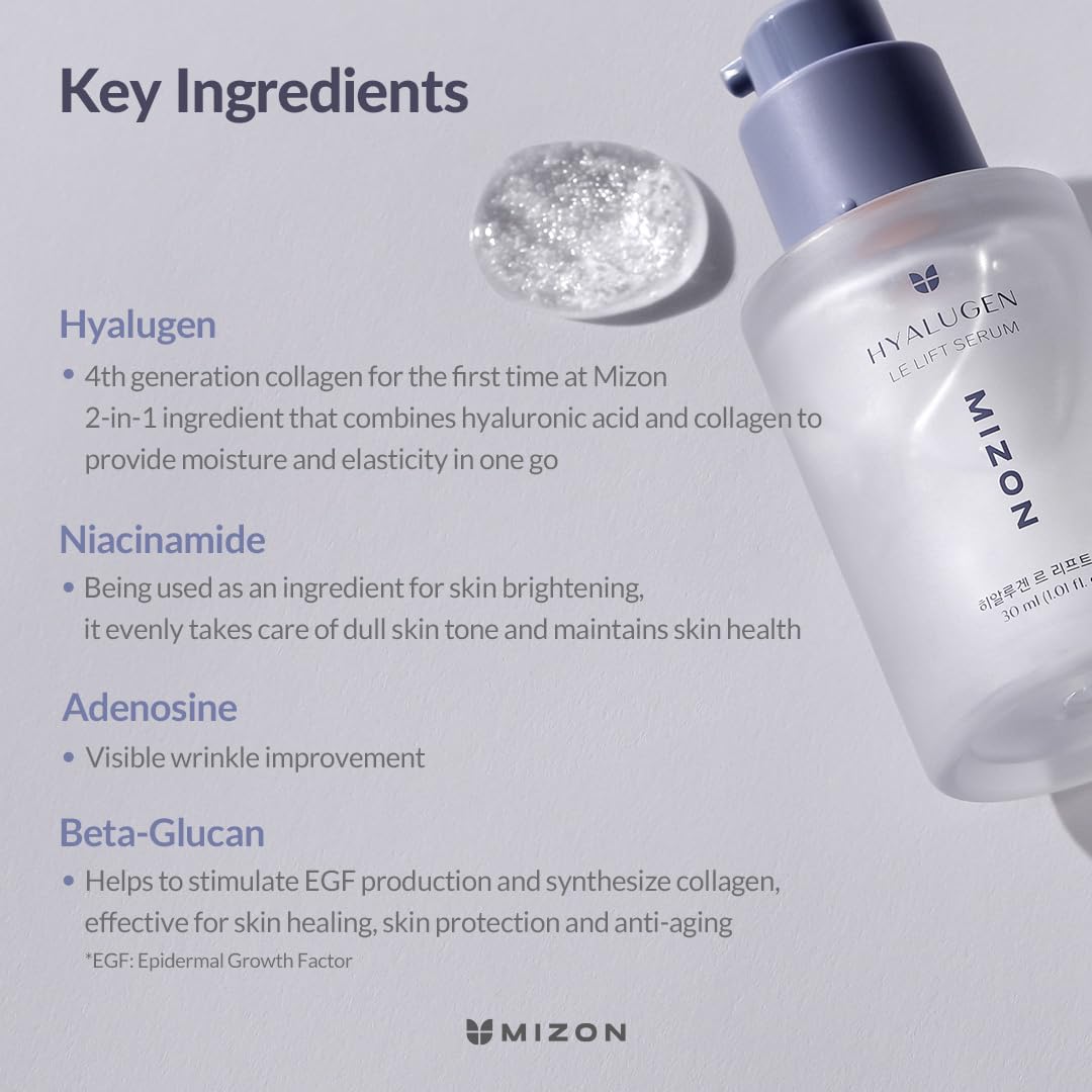 MIZON Hyalugen Le Lift Serum with Hyaluronic Acid and Marine Collagen for Fine Lines Total Face Care Youthful Skin Refreshing Lifting Korean Skincare (1.01 oz)