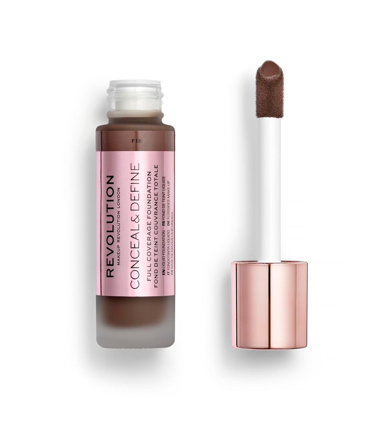 Revolution Beauty London, Conceal & Define Foundation, Full Coverage, Long-Lasting Matte Finish, Vegan & Cruelty-Free, F18 Dark Skin Tones, 0.8 fl oz