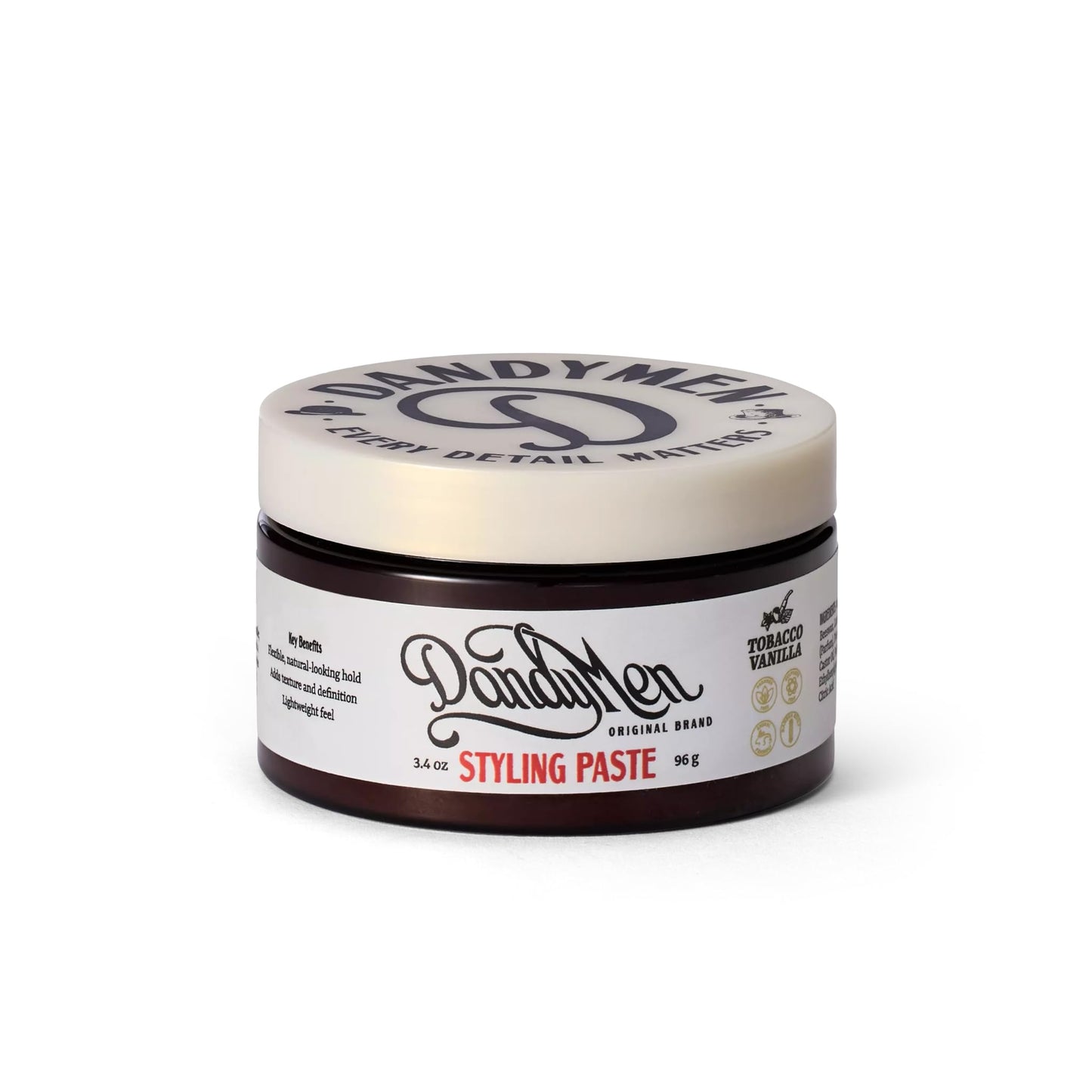 DandyMen Hair Styling Paste for Men | Medium Hold | Flexible Control & Natural Shine | Beeswax with Pro-Vitamin B5 | Tobacco Vanilla Scent | 3.4 oz, 1-Pack