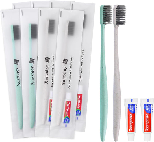 Disposable Travel Toothbrushes Kit - 60 Pack Individually Wrapped | Ideal for Hotels, Charities & Nursing Homes (Apricot & Green)