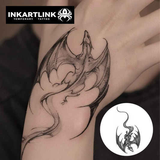 INKARTLINK Tattoo Tech, 2 Sheets Medium Semi Permanent Tattoo, Adult Art Design Temporary Tattoos, Lasts 1-2 Weeks, Waterproof, Realistic Look, No Reflection (Winged Dragon)