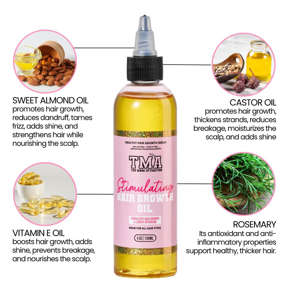 The Mane Attraction Hair Oil for All Hair Types, Infused with Rosemary Oil, Castor Oil & Black Seed Oil - Stimulating Hair Growth, Seals in Moisture, Soothes Irritated Scalp - 4 Fl Oz