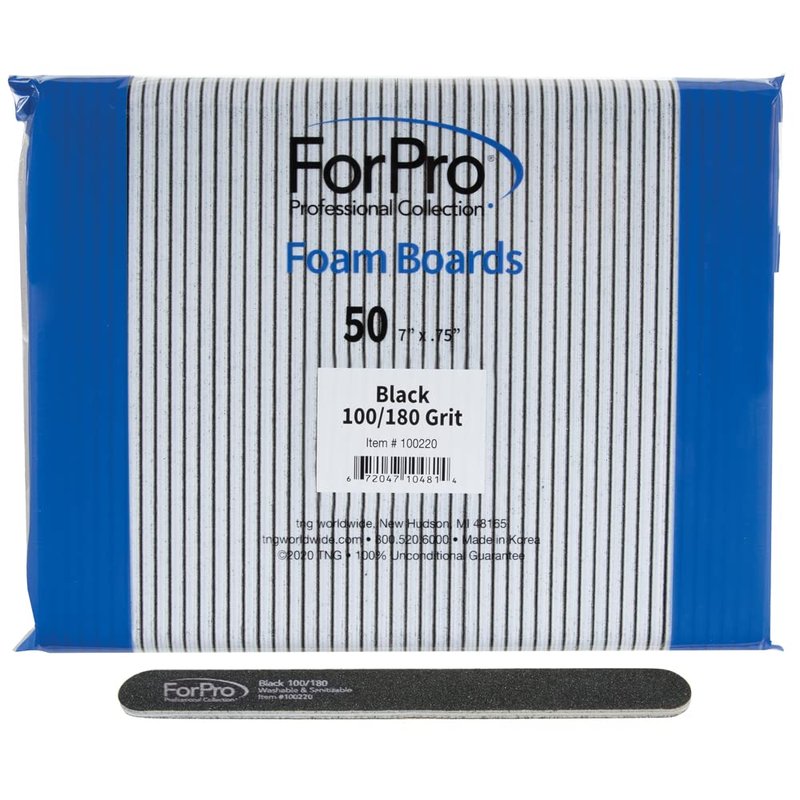 ForPro Professional Collection Nail Foam Boards, Black, 100/180 Grit, Double-Sided Manicure Nail Files, 7” L x .75” W, 50-Count