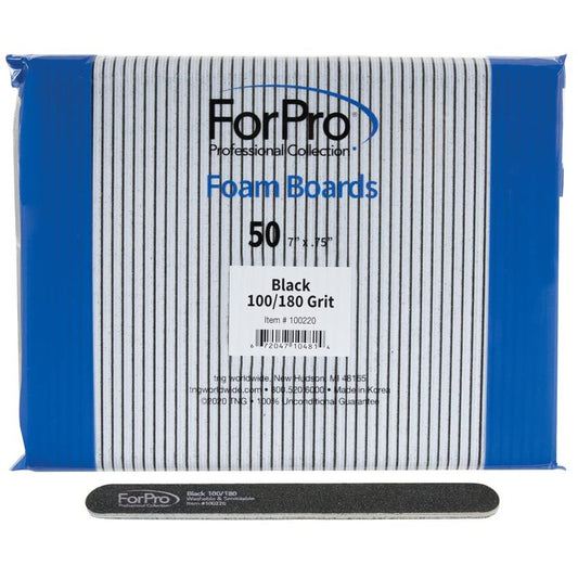 ForPro Professional Collection Nail Foam Boards, Black, 100/180 Grit, Double-Sided Manicure Nail Files, 7” L x .75” W, 50-Count