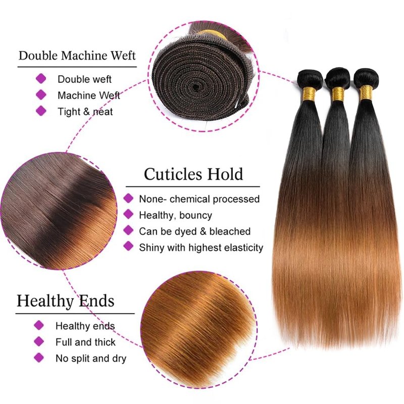 Ombre Brown Human Hair Bundles - 14, 16, 18 Inch Straight Brazilian Virgin Hair for Black Women