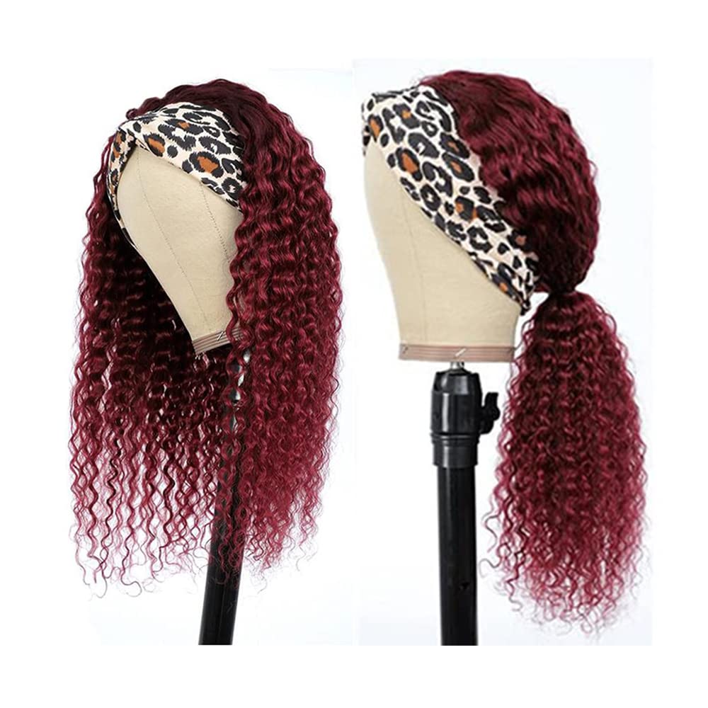 Ombre 1B99J Deep Wave Headband Wig Burgundy Human Hair Wig Dark Root 130% Density Brazilian Virgin Hair Machine Made Wigs for Women Wine Red Color 14 Inch