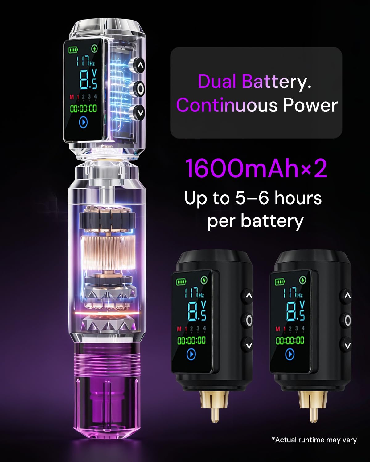 2 PCS 1600mAh Tattoo Batteries Tattoo Gun Kit - Wireless Tattoo Machine Kit, 20 Tattoo Cartridge Needles, Tattoo Ink Set, Full Tattoo Supplies for Beginners and Artists, Purple