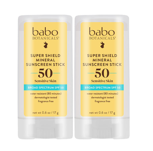 Babo Botanicals Super Shield SPF 50 Stick Sunscreen - 70% Organic Ingredients - Natural Zinc Oxide - For all ages - NSF & MADE SAFE Certified - EWG Verified - Water Resistant - Fragrance-Free - 2-Pack