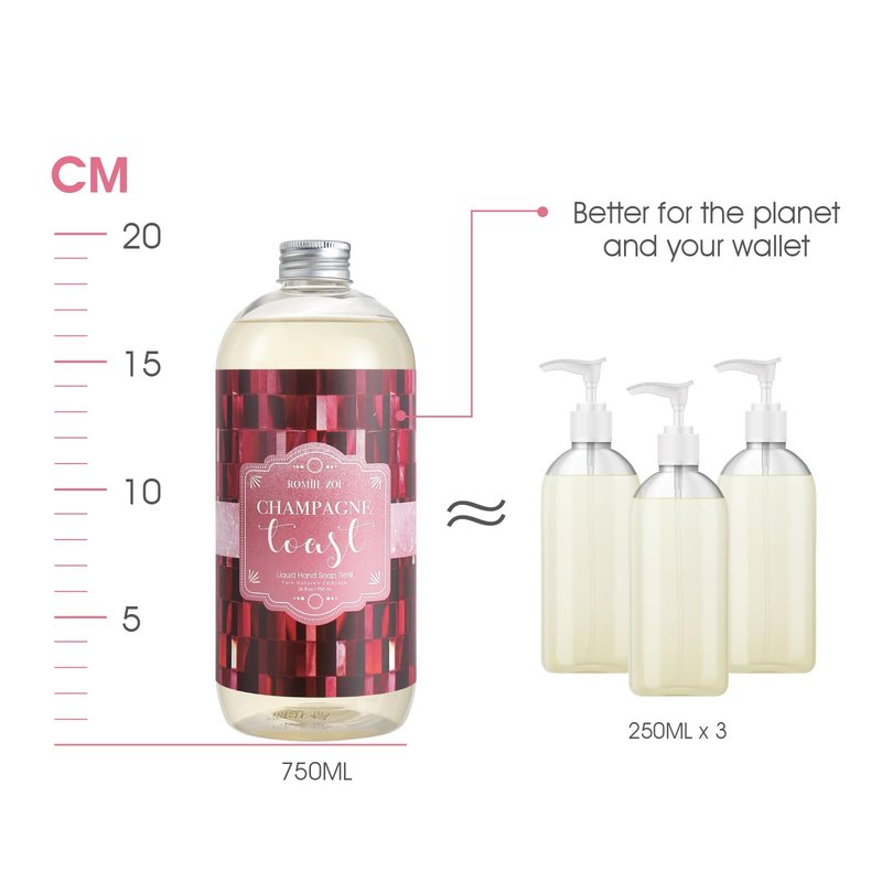 ROMIIE ZOI Liquid Hand Soap Refills Gift Set, Champagne, 3 x 26Fl Oz Bottles, Plant-Based, Non-Toxic, Gentle & Moisturizing Formula with Essential Oils for Bathroom, Kitchen & Holiday Gifting