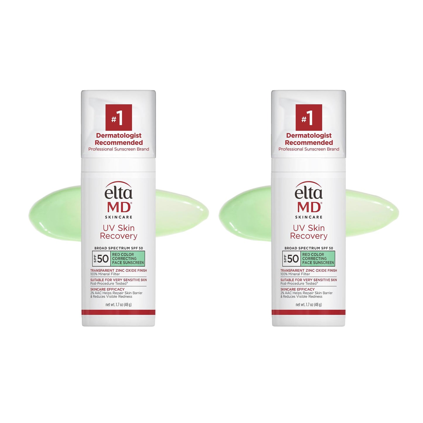EltaMD UV Skin Recovery Face Sunscreen with Zinc Oxide, All Mineral, Safe for Sensitive Skin SPF 50, Green Tinted, 1.7oz 2PK