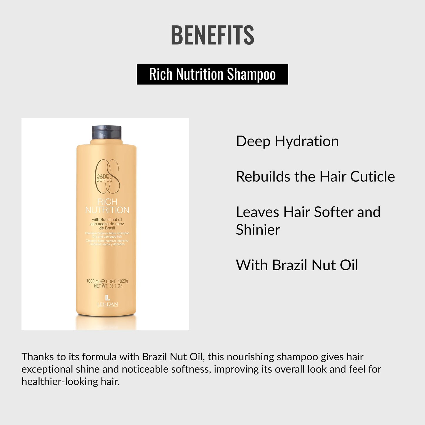 Lendan - Nourishing Shampoo - Rich Nutrition - 1000 ml - with Brazil Nut Oil - Deep Hair Hydration - Rebuilds the Hair Cuticle - Softer and Shinier Hair