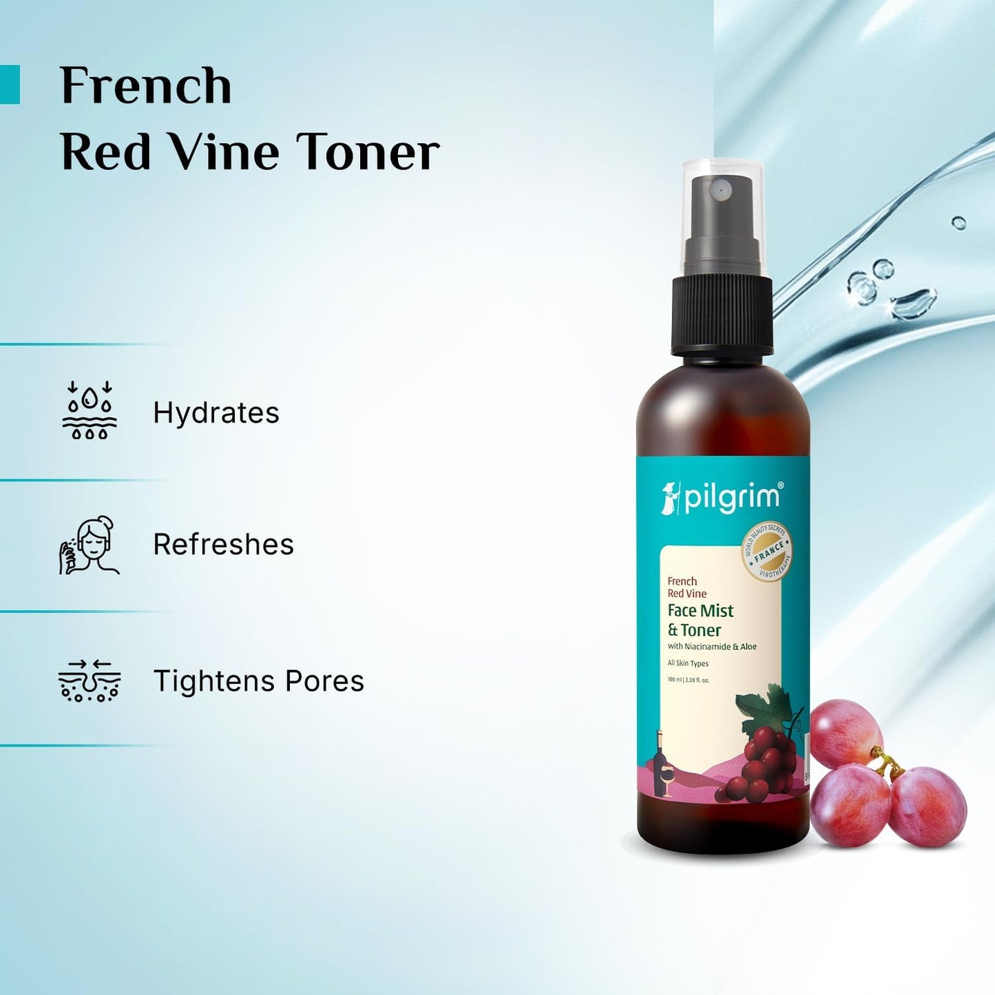 Pilgrim French Red Vine Face Mist - Niacinamide & Aloe Hydrating Toner | Oil Balance & Pore Care | 3.38 Fl Oz (100ml)
