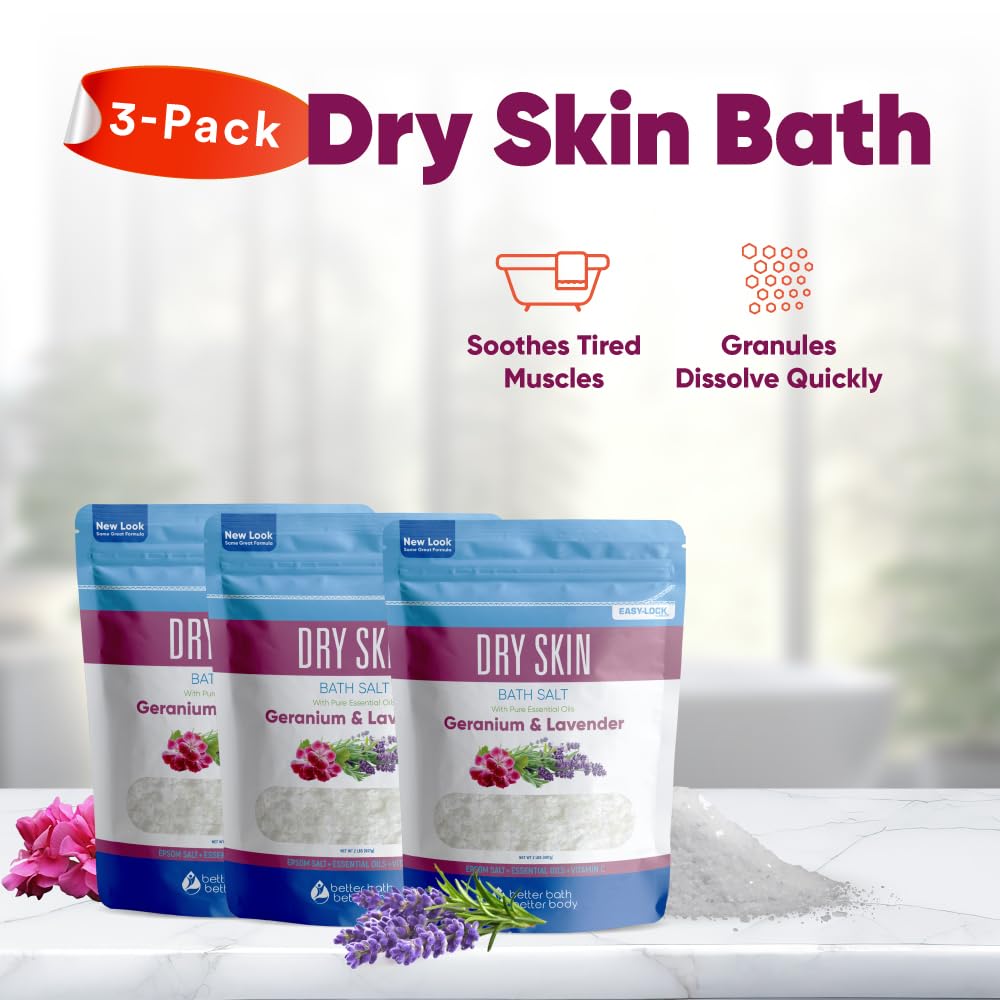 Dry Skin Bath Salt (3 Pack) Skin Soothing Epsom Salt with Pure Essential Oils in BPA Free Pouch with Press Lock Seal Made in USA Three 2 Lbs Pouches 6 Lbs Total