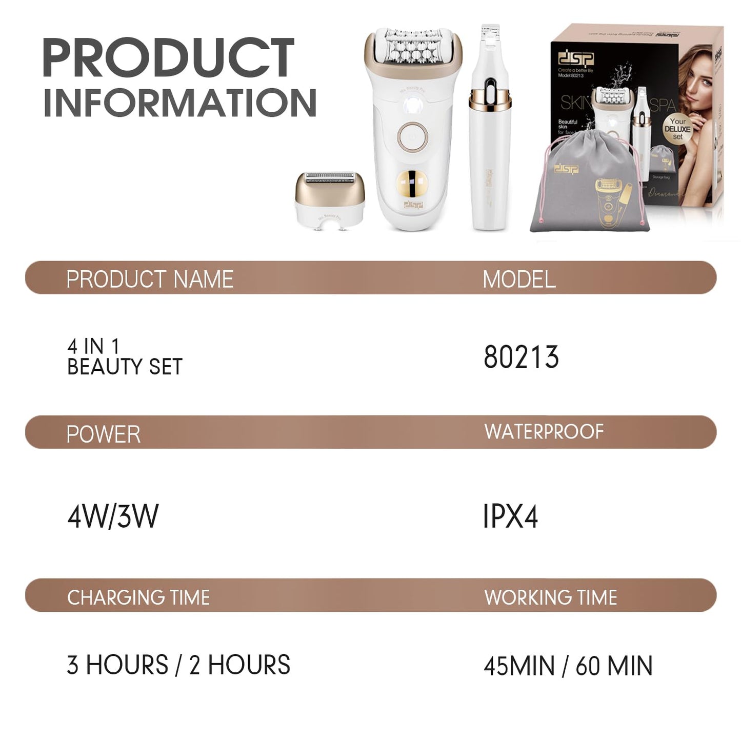 DSP 4 in 1 Beauty Set Lady Shaver with Removable Heads for Face Hands Legs