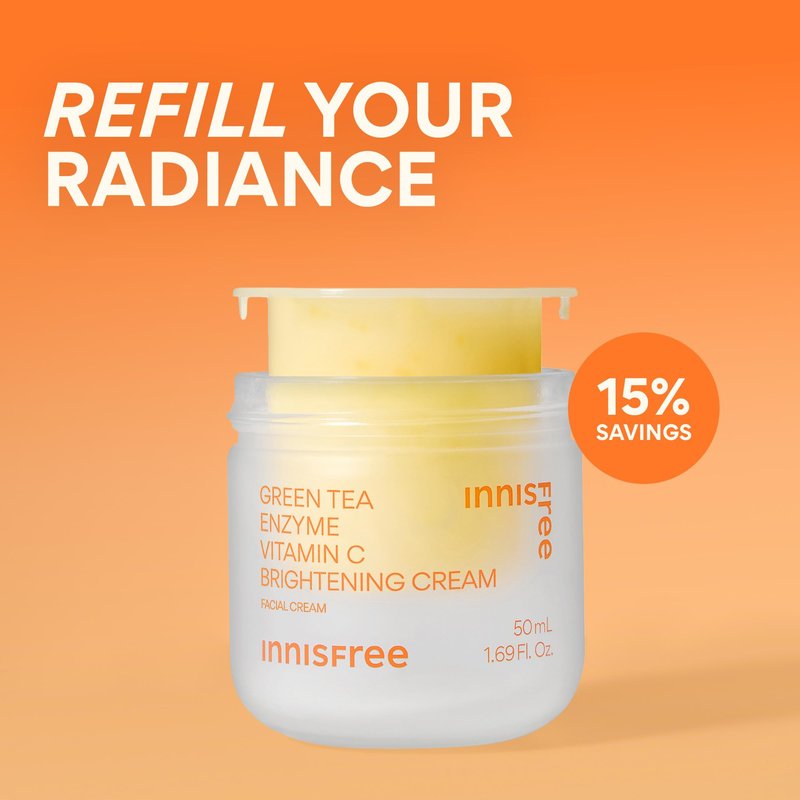innisfree Green Tea Enzyme Vitamin C Brightening Cream Refill Pod, Korean Face Moisturizer for Dark Spots, Hydration & Radiant Skin