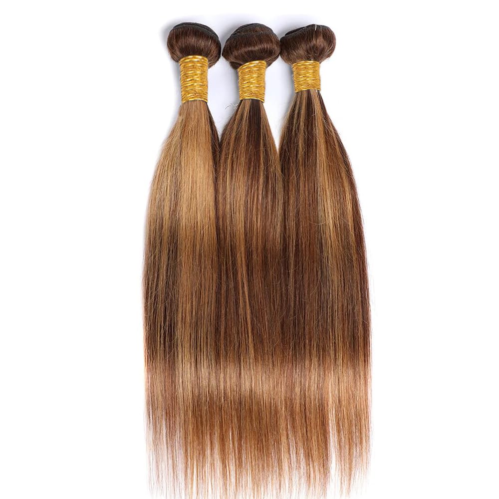 QEUOPE P427 Highlight Blonde Straight Human Hair Bundles Double Weft Brazilian Hair Extensions Ombre Two Tone Blonde Mixed With Brown Bundles for Women 8 10 12 inch