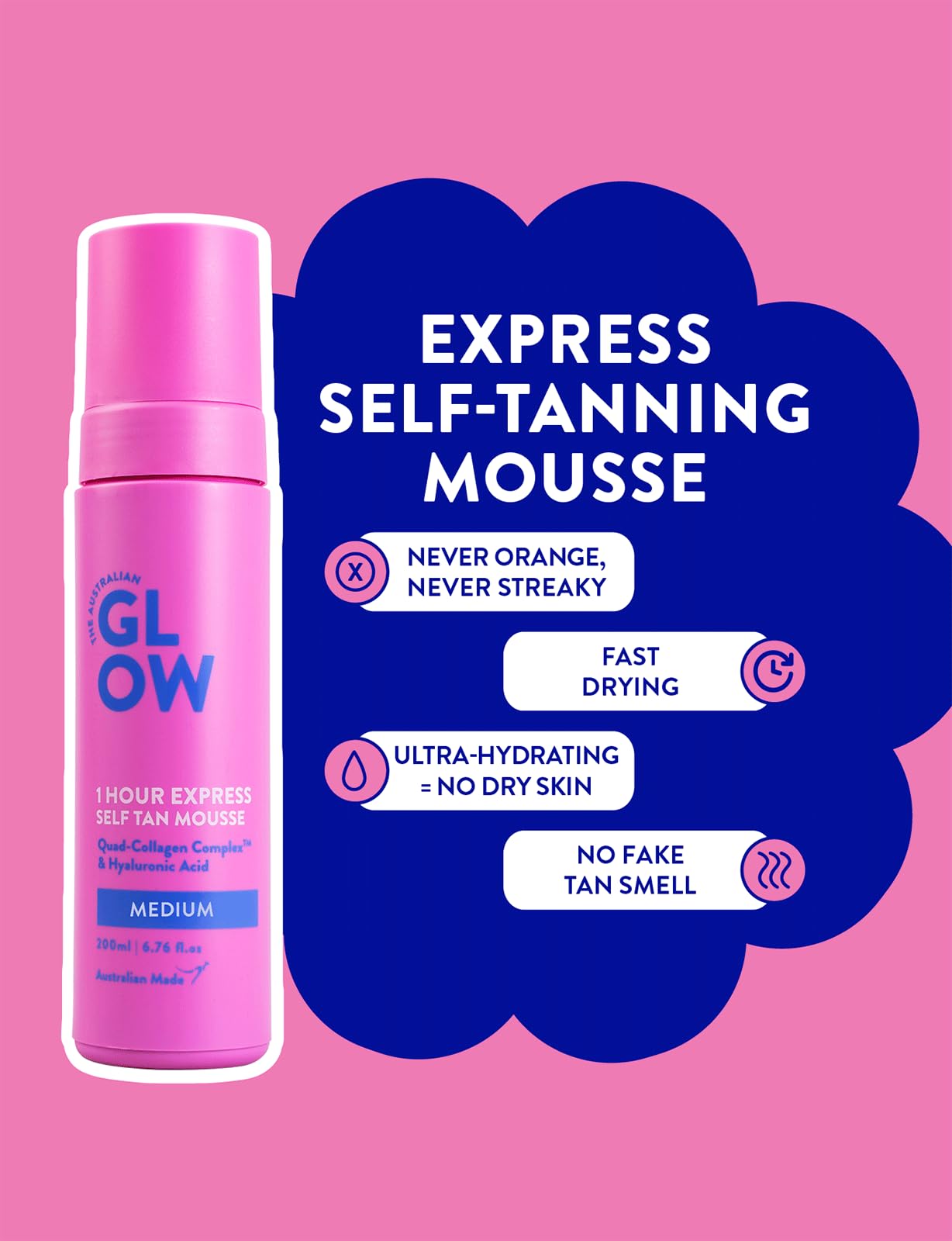 Australian Glow 1 Hour Express Self Tanning Mousse w/Quad-Collagen Complex & Hyaluronic Acid, DARK - 6.76 fl. oz / 200ml