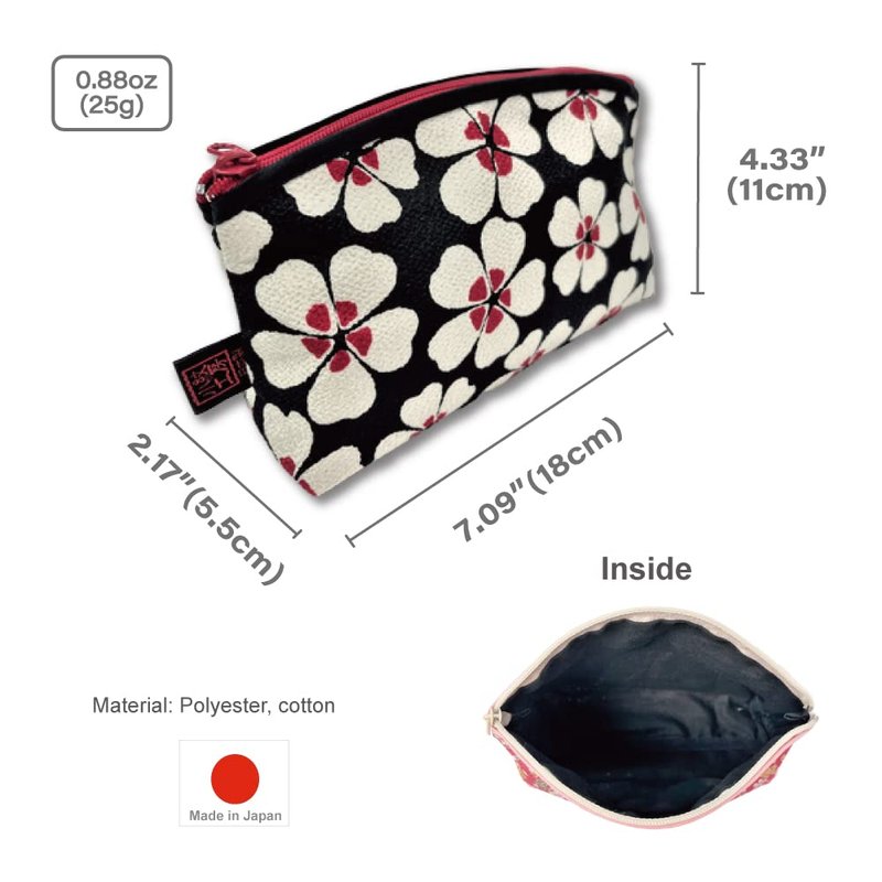 Small Makeup Bag for Purse [ Made in Japan] Traditional Edo Komon Design Cute Cosmetic Pouch (Cherry Blossom (Black))