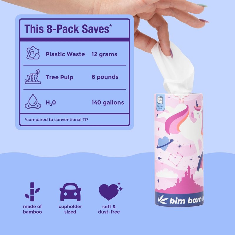 Bim Bam Boo 100% Bamboo Facial Tissue Tubes, 3-ply Hypoallergenic Travel Tissues in Car Tissue Holder, 8 Eco-Friendly Cylinder Tissue Tubes