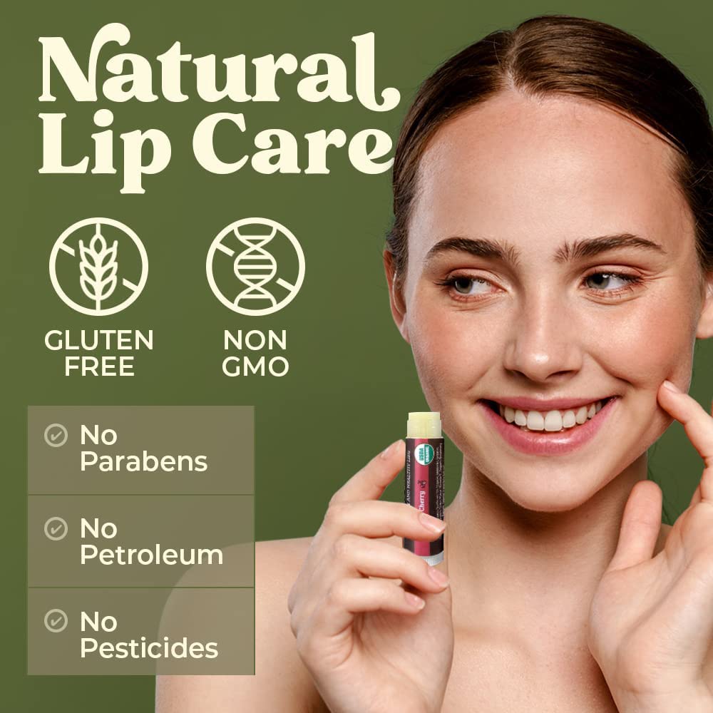 Earth's Daughter USDA Organic Cherry Lip Balm 4-Pack- Cherry Flavor - Beeswax, Coconut Oil, Vitamin E - Best Lip Repair Chapstick for Dry Cracked Lips.
