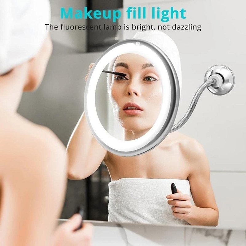 SASKATE Makeup Mirror with LED Light and Suction Cup 360 Degree Swivel Flexible Gooseneck 10X Magnifying Mirror Travel and Home Bathroom Vanity Mirror (White)