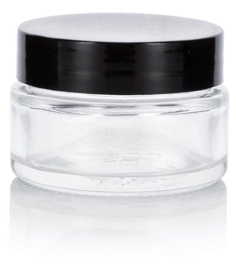 Clear Glass 0.50 oz / 15 ml Low Profile Thick Wall Balm Jars with Black Smooth Foam Lined Lids (12 PACK)