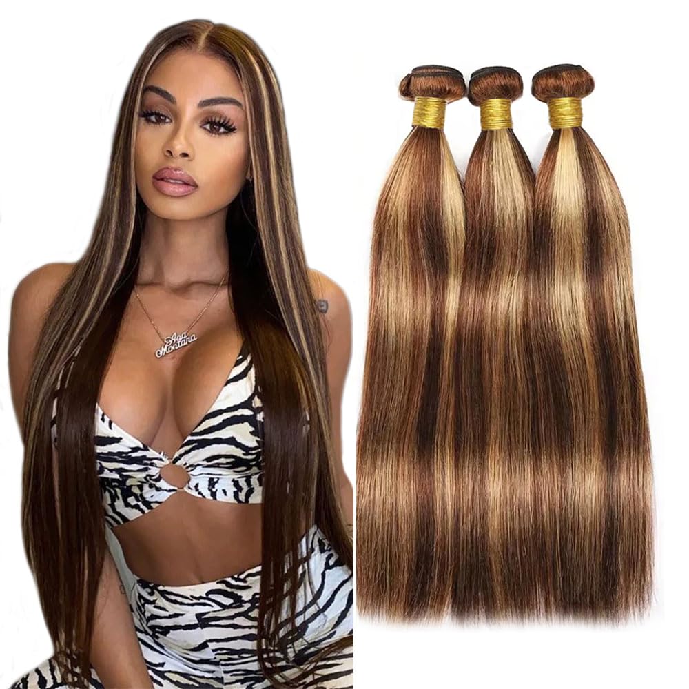 Ombre Human Hair Bundles | P4/27 Honey Brown Straight Remy Hair Extensions - 16 Inch, Soft & Healthy Double Weft
