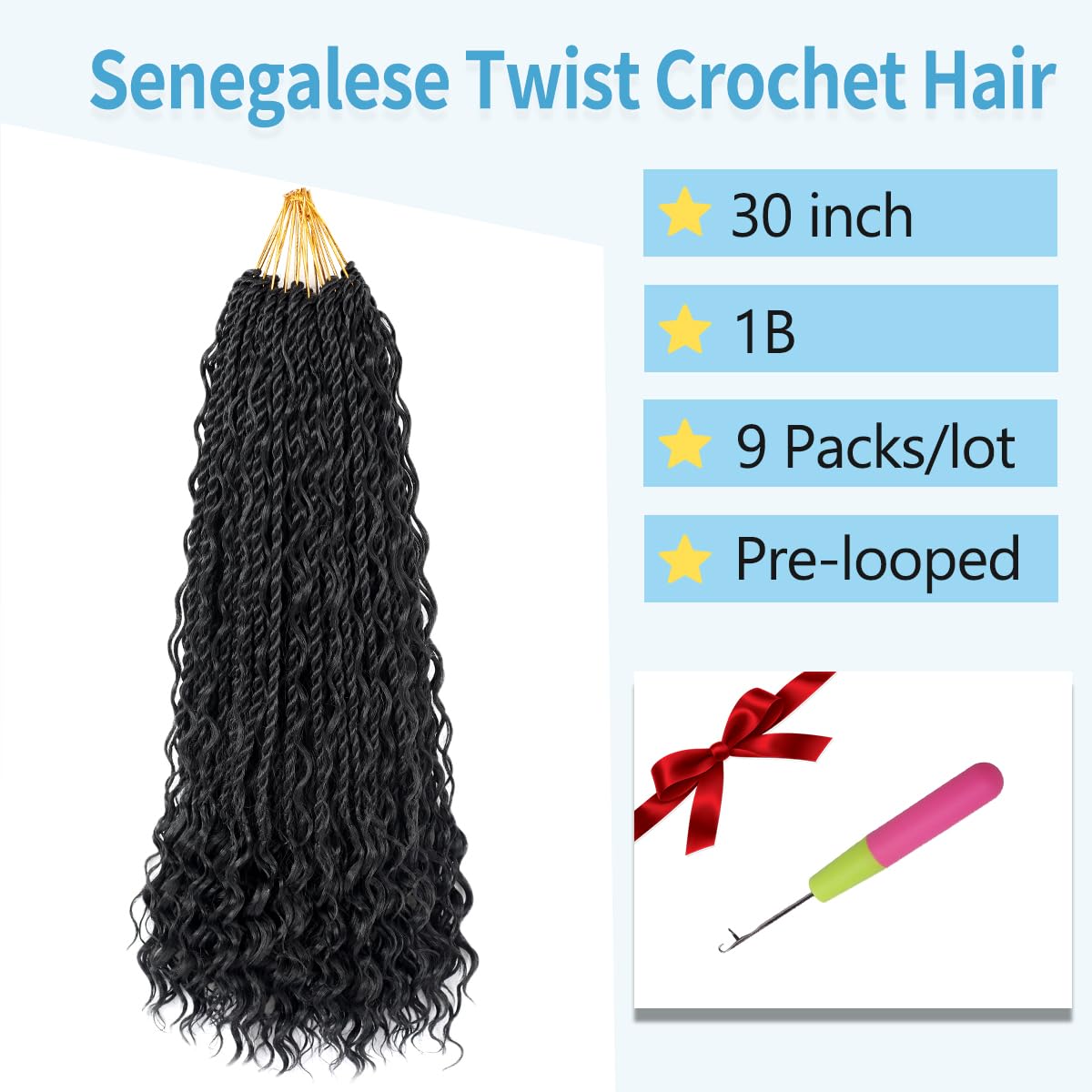 Senegalese Twist Crochet Hair 30 Inch 9 Packs Boho Pre-Looped Goddess Twist Crochet Hair Senegalese Twist Goddess Twist Braids for Black Women