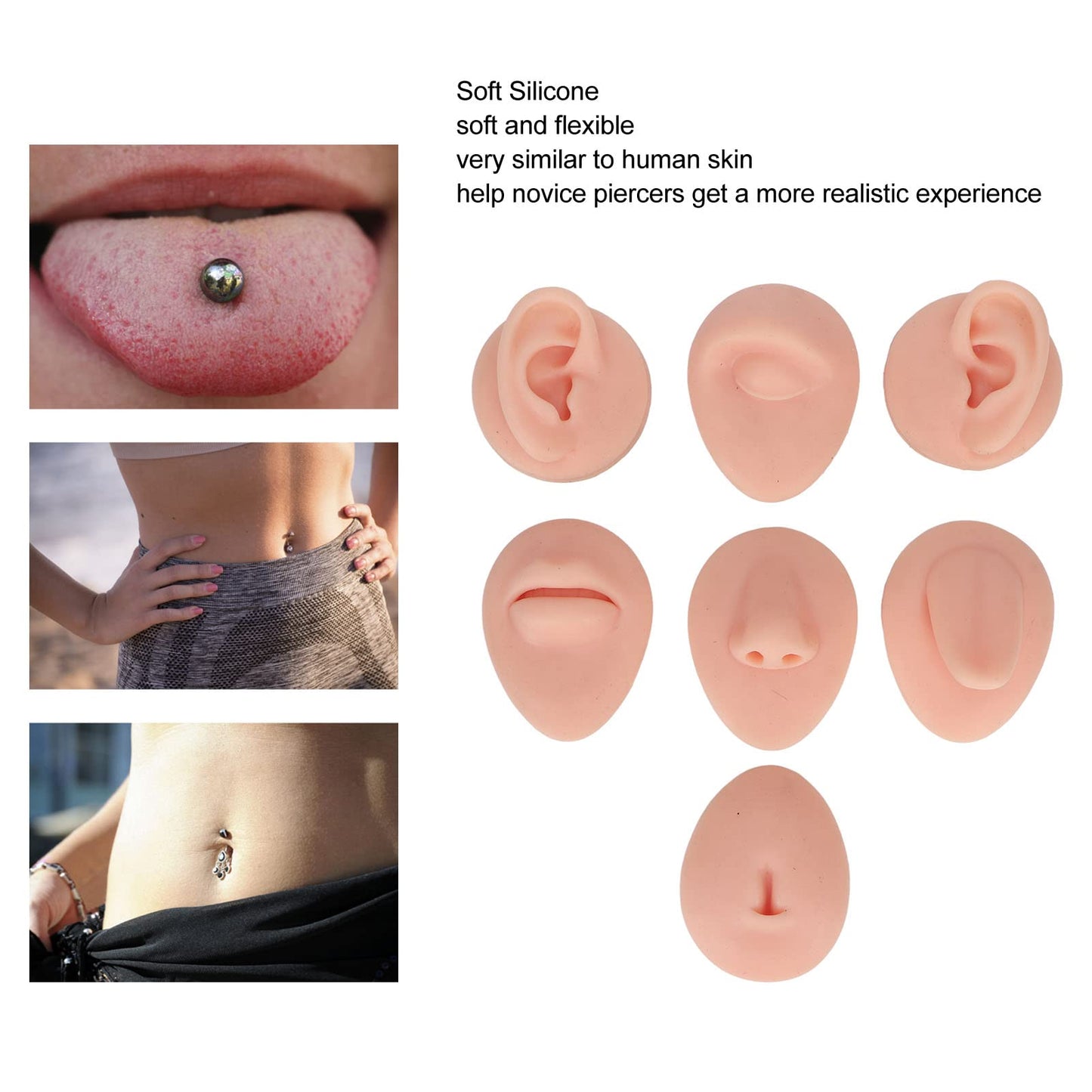 7PCS Piercing Practice Body Parts, Silicone Body Parts for Piercing Kit, Fake Body Parts, Soft Silicone Ear Mouth Nose Eye Tongue Navel Model (Light Skin)